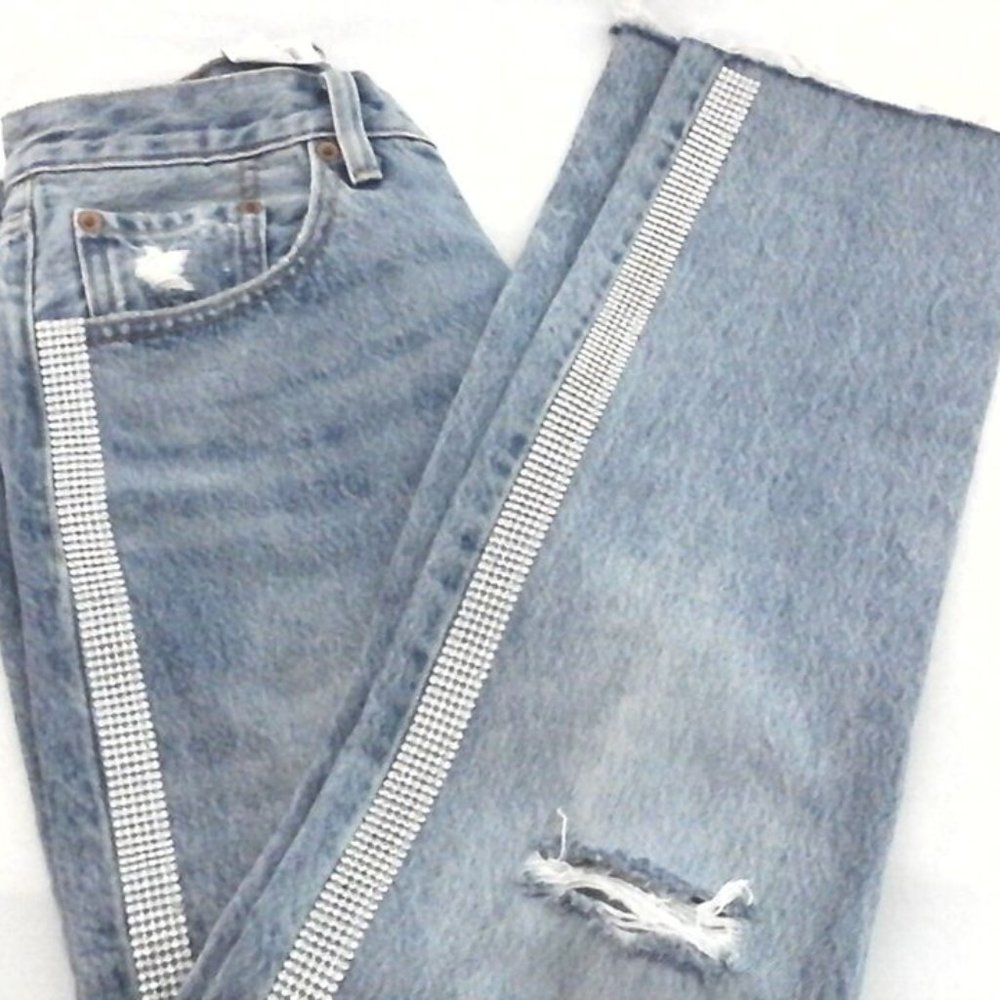 LEVI'S 501 Original Cropped w CRYSTALS Frayed Hem Jeans Women's 27 x 28 RARE